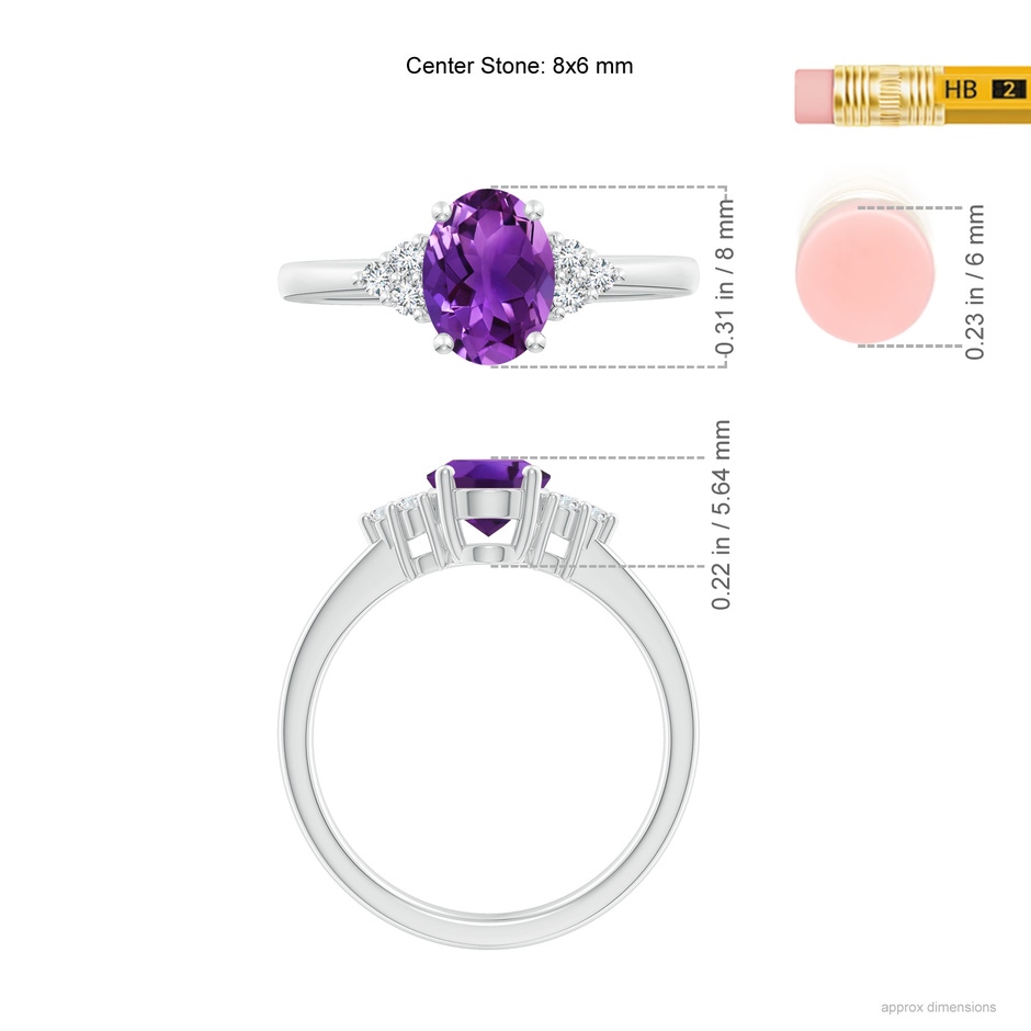8x6mm AAAA Solitaire Oval Amethyst Ring with Trio Diamond Accents in White Gold ruler