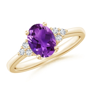 8x6mm AAAA Solitaire Oval Amethyst Ring with Trio Diamond Accents in Yellow Gold