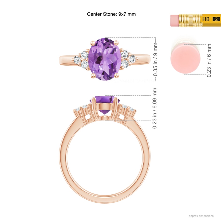 9x7mm A Solitaire Oval Amethyst Ring with Trio Diamond Accents in Rose Gold ruler