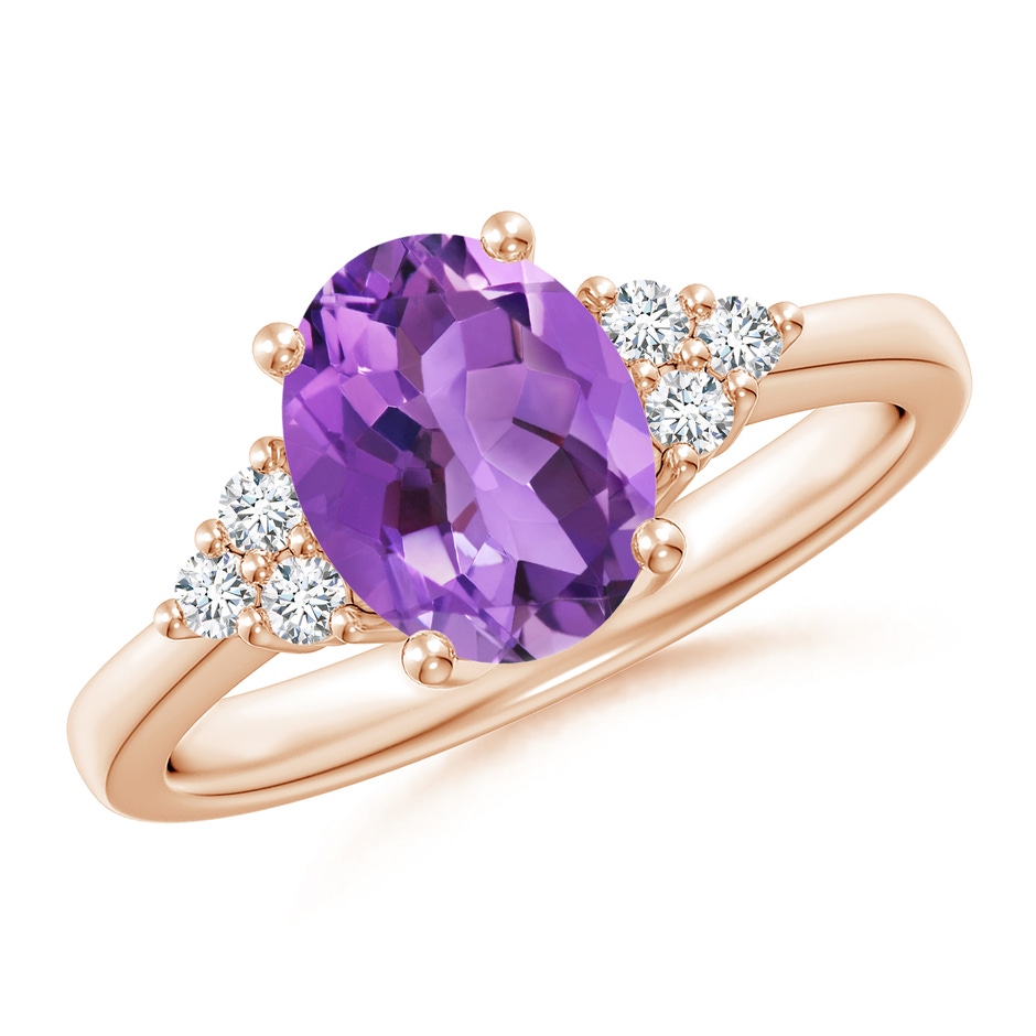 9x7mm AA Solitaire Oval Amethyst Ring with Trio Diamond Accents in Rose Gold 