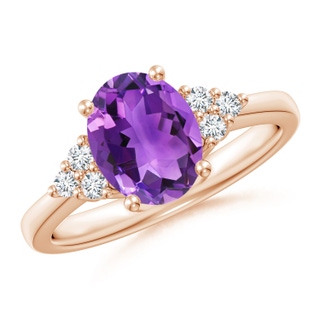 9x7mm AAA Solitaire Oval Amethyst Ring with Trio Diamond Accents in Rose Gold
