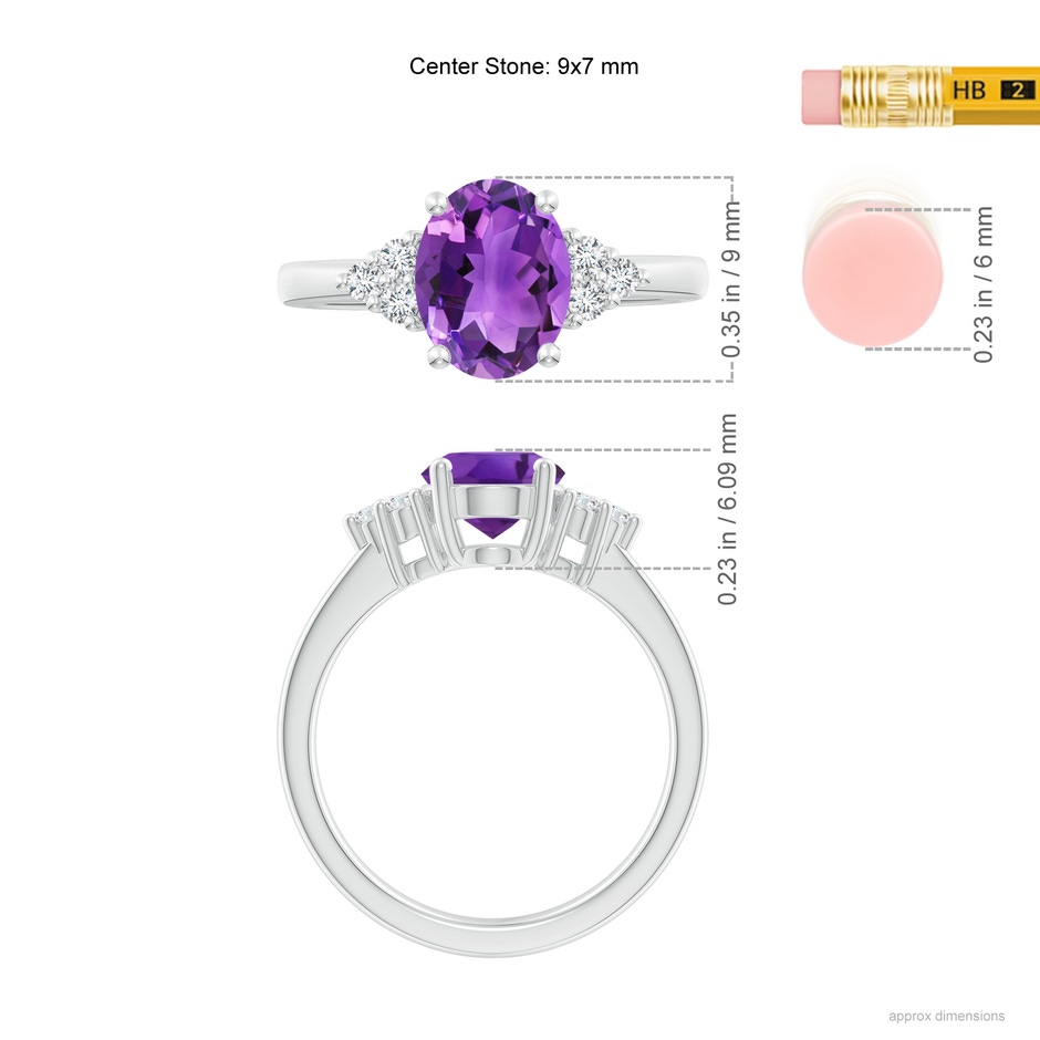 9x7mm AAA Solitaire Oval Amethyst Ring with Trio Diamond Accents in White Gold ruler