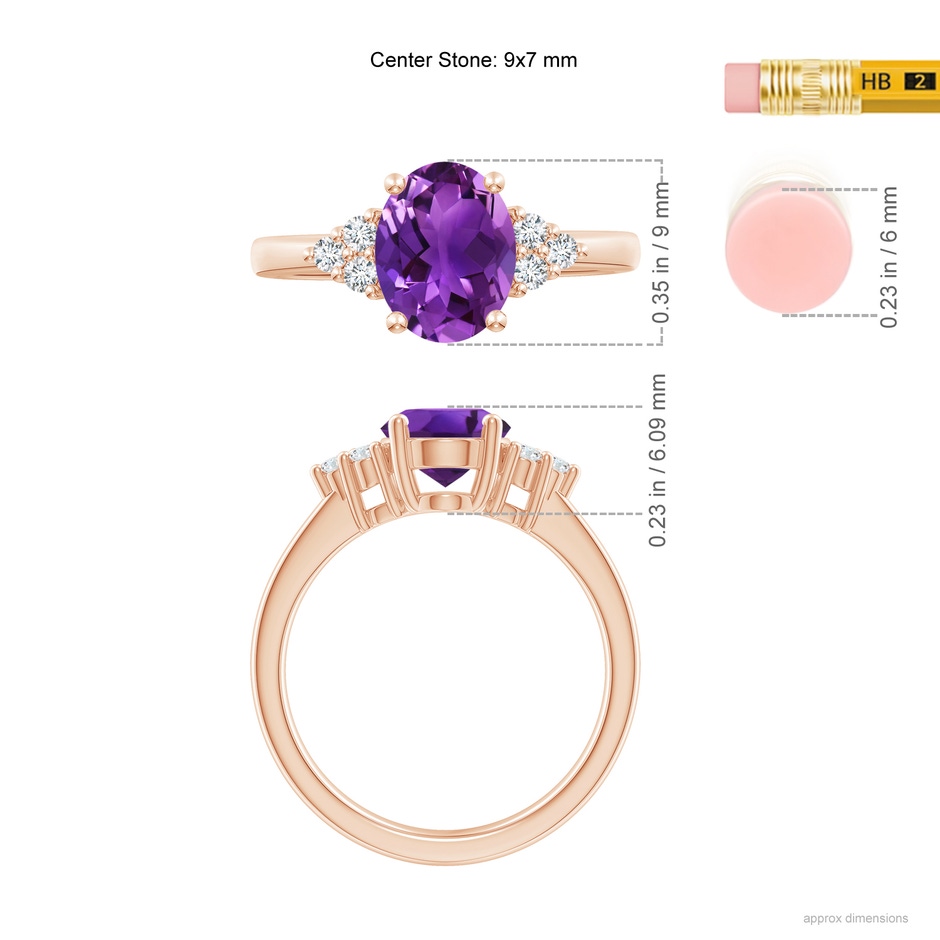 9x7mm AAAA Solitaire Oval Amethyst Ring with Trio Diamond Accents in Rose Gold ruler