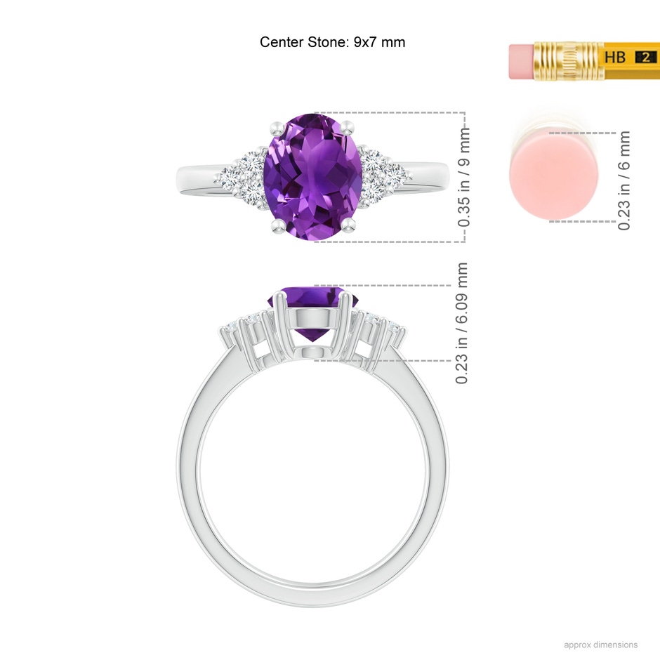 9x7mm AAAA Solitaire Oval Amethyst Ring with Trio Diamond Accents in White Gold ruler