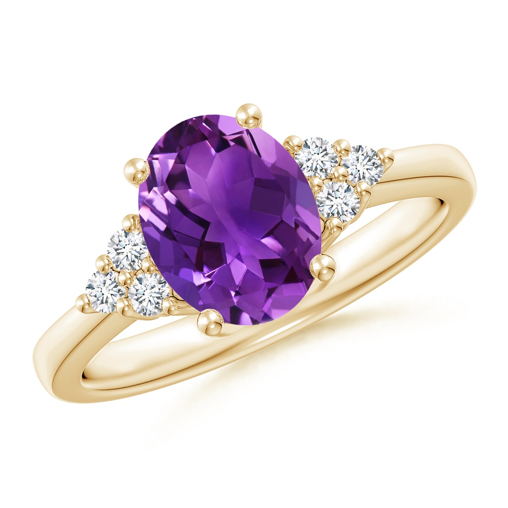 9x7mm AAAA Solitaire Oval Amethyst Ring with Trio Diamond Accents in Yellow Gold 