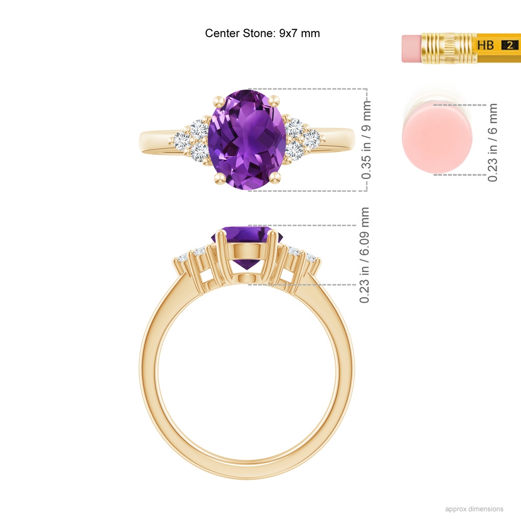 9x7mm AAAA Solitaire Oval Amethyst Ring with Trio Diamond Accents in Yellow Gold Ruler