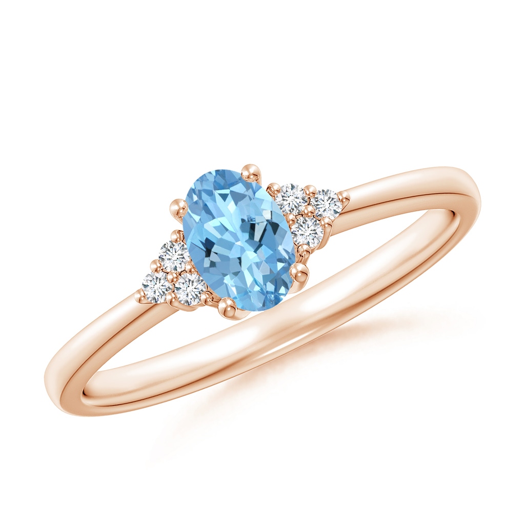 6x4mm AAAA Solitaire Oval Aquamarine and Diamond Promise Ring in Rose Gold