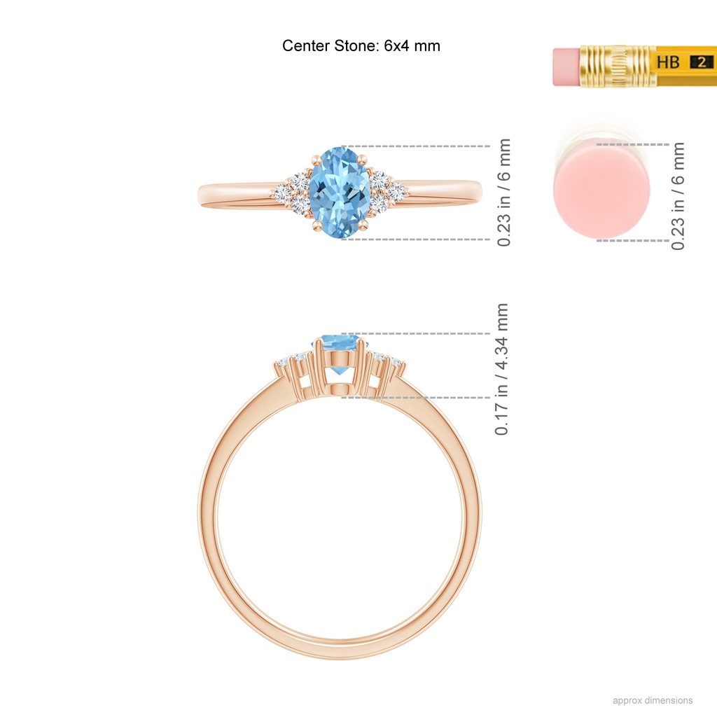 6x4mm AAAA Solitaire Oval Aquamarine and Diamond Promise Ring in Rose Gold Ruler