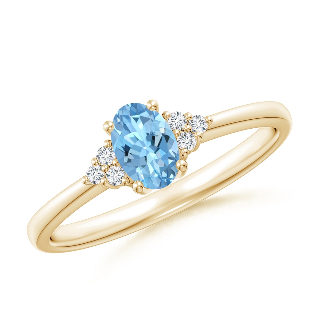 6x4mm AAAA Solitaire Oval Aquamarine and Diamond Promise Ring in Yellow Gold