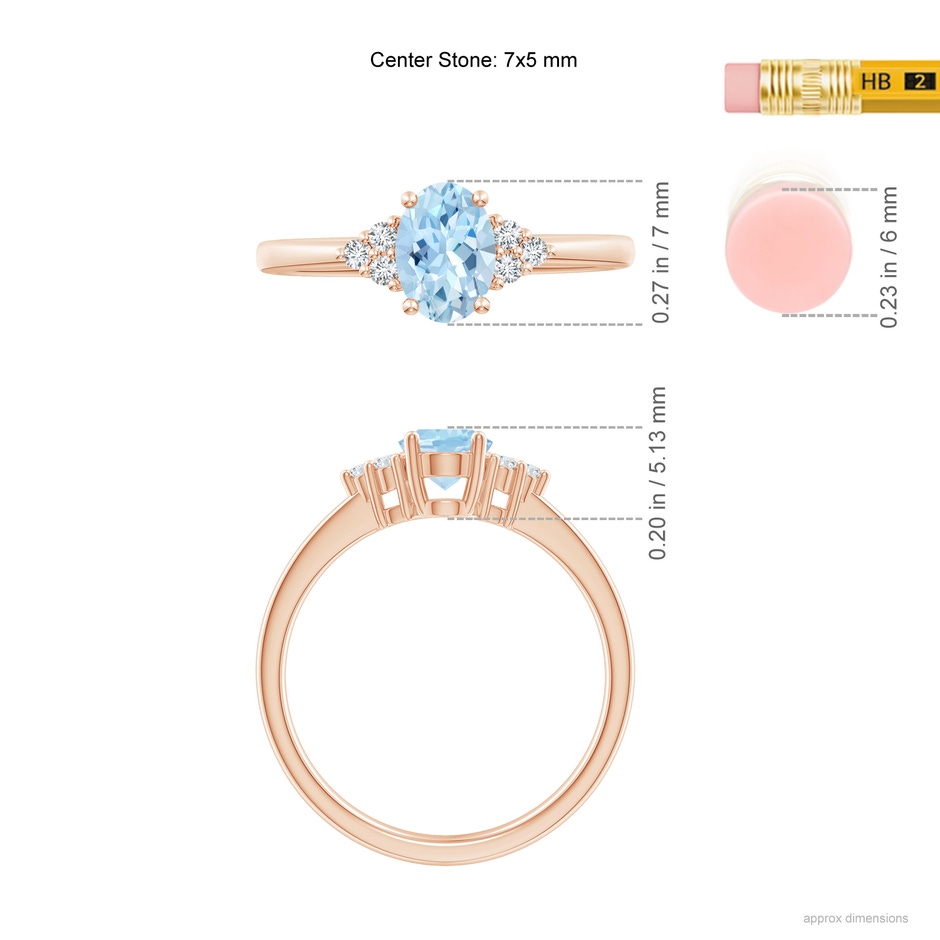 7x5mm AAA Solitaire Oval Aquamarine and Diamond Promise Ring in Rose Gold ruler