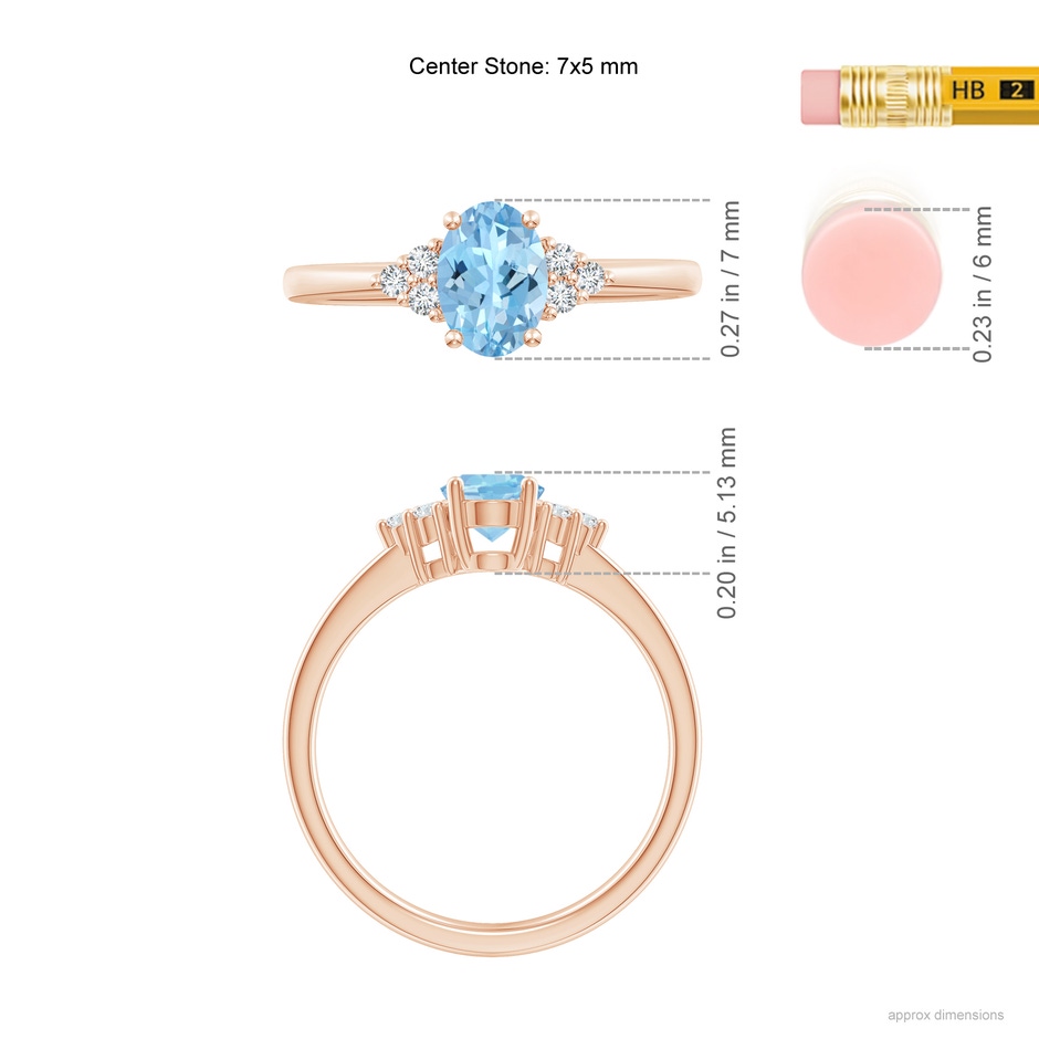 7x5mm AAAA Solitaire Oval Aquamarine and Diamond Promise Ring in Rose Gold ruler
