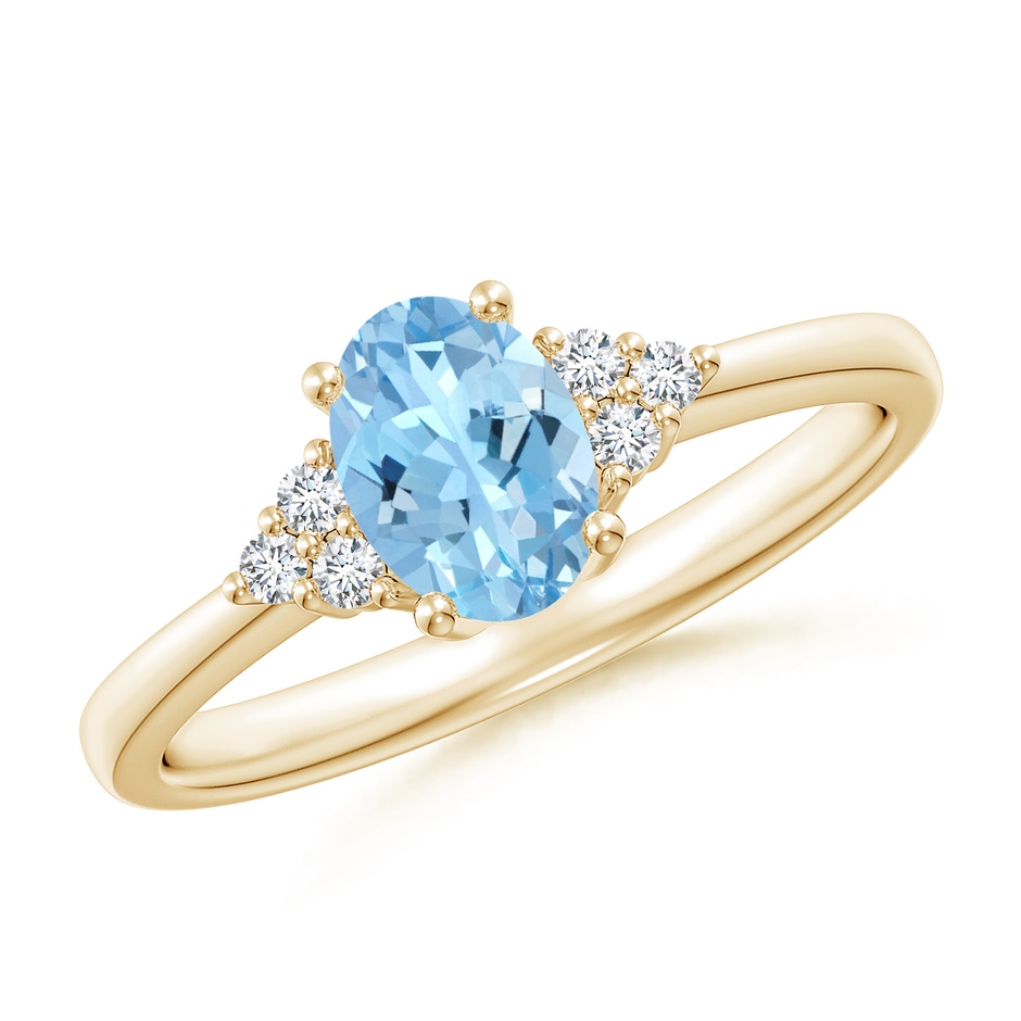 7x5mm AAAA Solitaire Oval Aquamarine and Diamond Promise Ring in Yellow Gold 