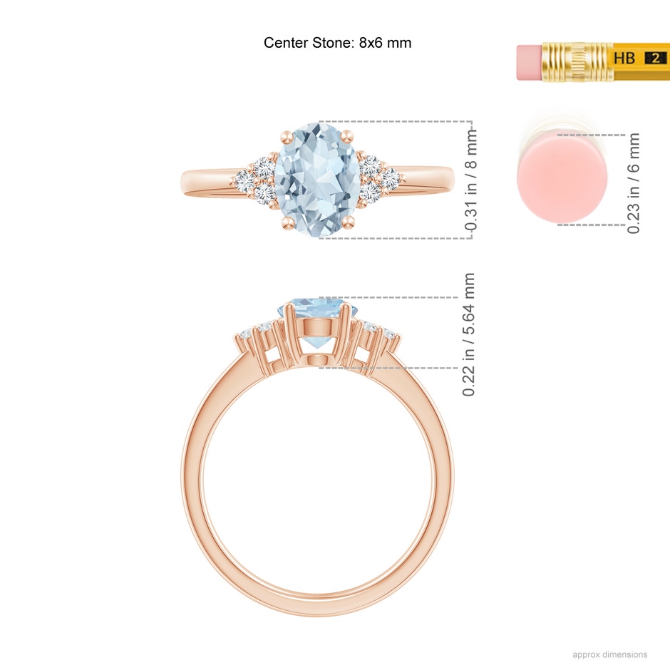 8x6mm A Solitaire Oval Aquamarine and Diamond Promise Ring in Rose Gold ruler