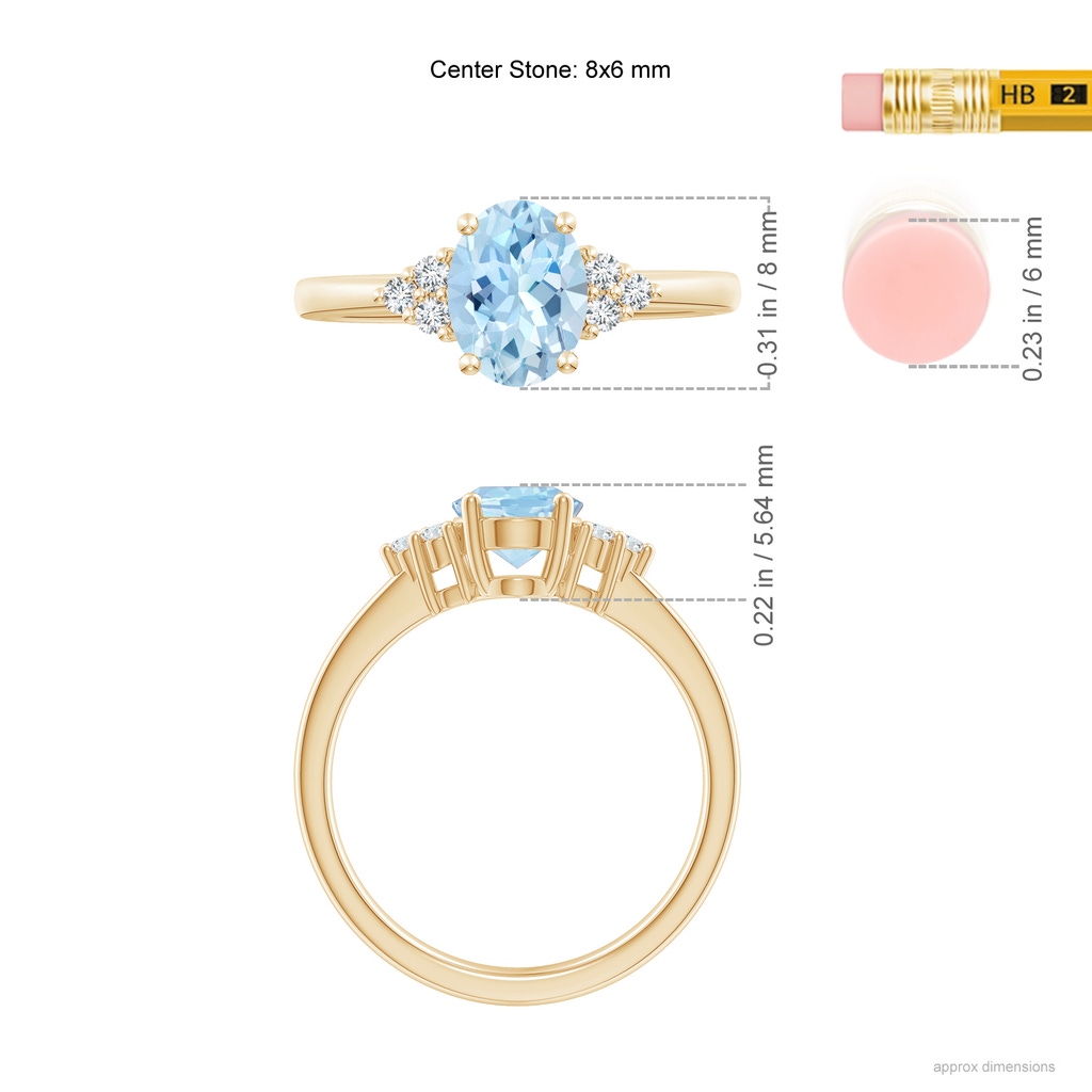 8x6mm AAA Solitaire Oval Aquamarine and Diamond Promise Ring in Yellow Gold Ruler