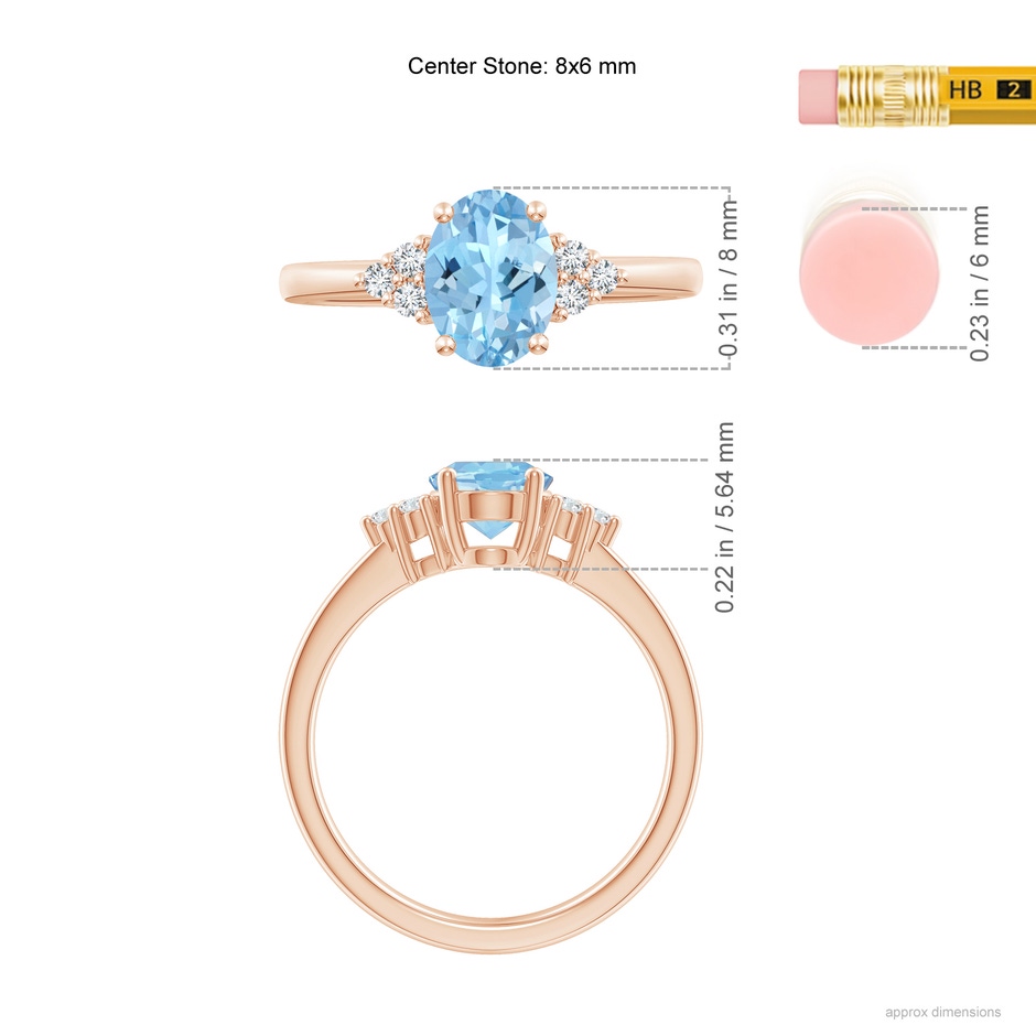 8x6mm AAAA Solitaire Oval Aquamarine and Diamond Promise Ring in Rose Gold ruler