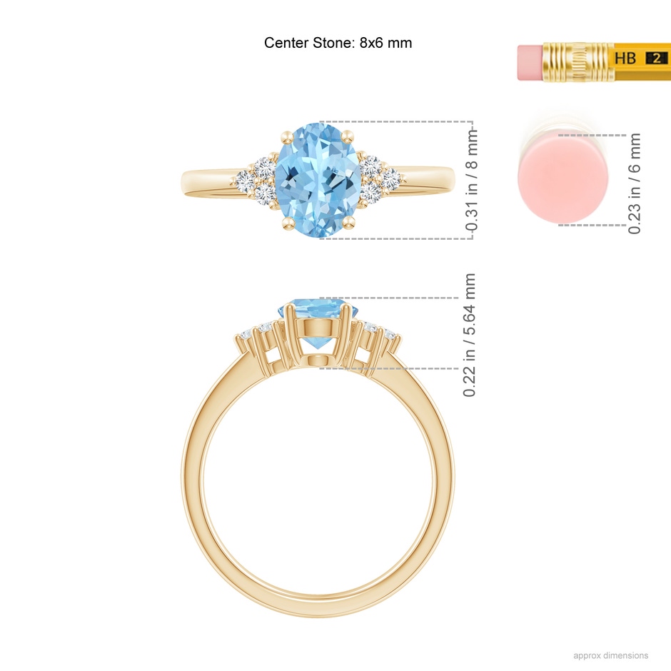 8x6mm AAAA Solitaire Oval Aquamarine and Diamond Promise Ring in Yellow Gold ruler