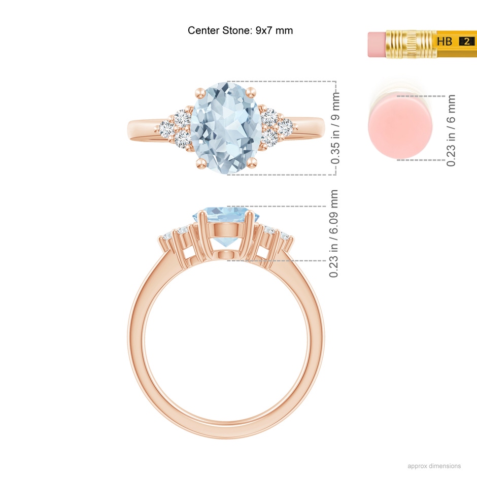 9x7mm A Solitaire Oval Aquamarine and Diamond Promise Ring in Rose Gold ruler