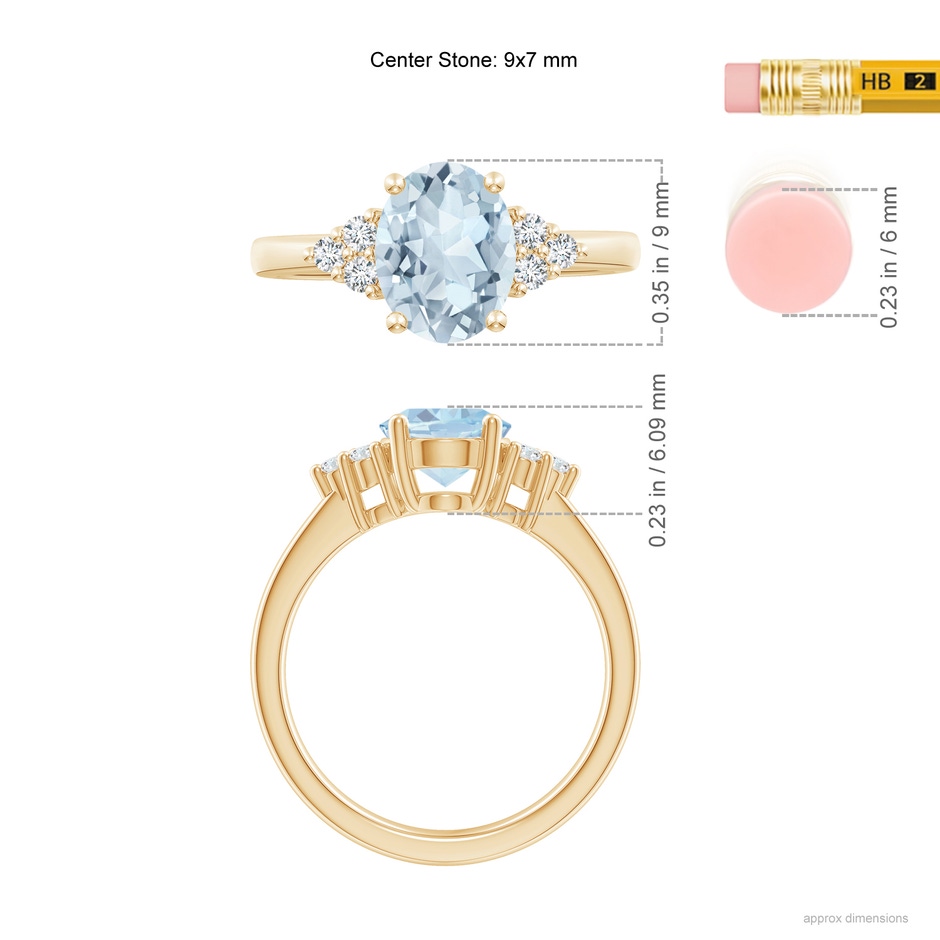 9x7mm A Solitaire Oval Aquamarine and Diamond Promise Ring in Yellow Gold ruler