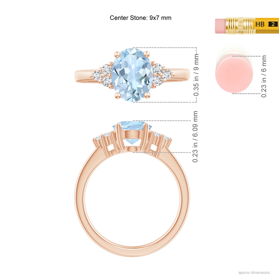 9x7mm AA Solitaire Oval Aquamarine and Diamond Promise Ring in Rose Gold ruler