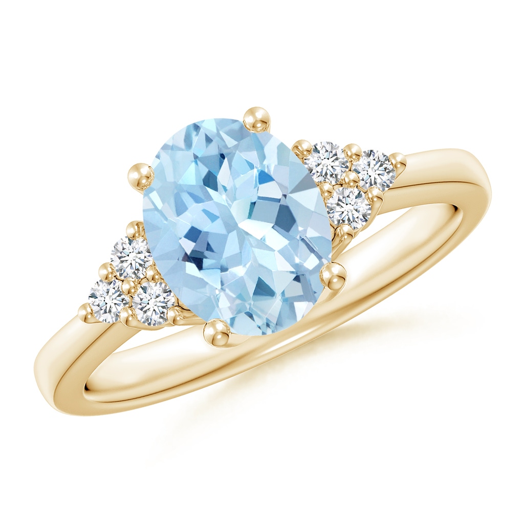 9x7mm AAA Solitaire Oval Aquamarine and Diamond Promise Ring in Yellow Gold