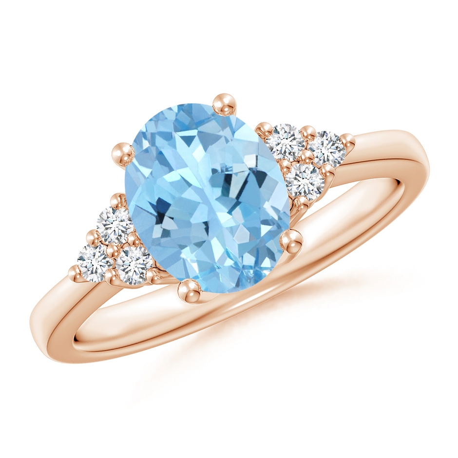 9x7mm AAAA Solitaire Oval Aquamarine and Diamond Promise Ring in Rose Gold 