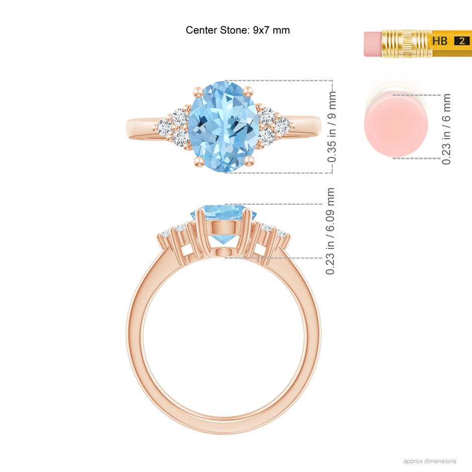 9x7mm AAAA Solitaire Oval Aquamarine and Diamond Promise Ring in Rose Gold ruler