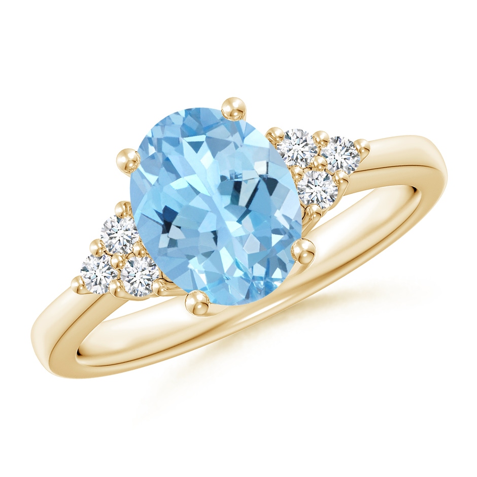 9x7mm AAAA Solitaire Oval Aquamarine and Diamond Promise Ring in Yellow Gold 