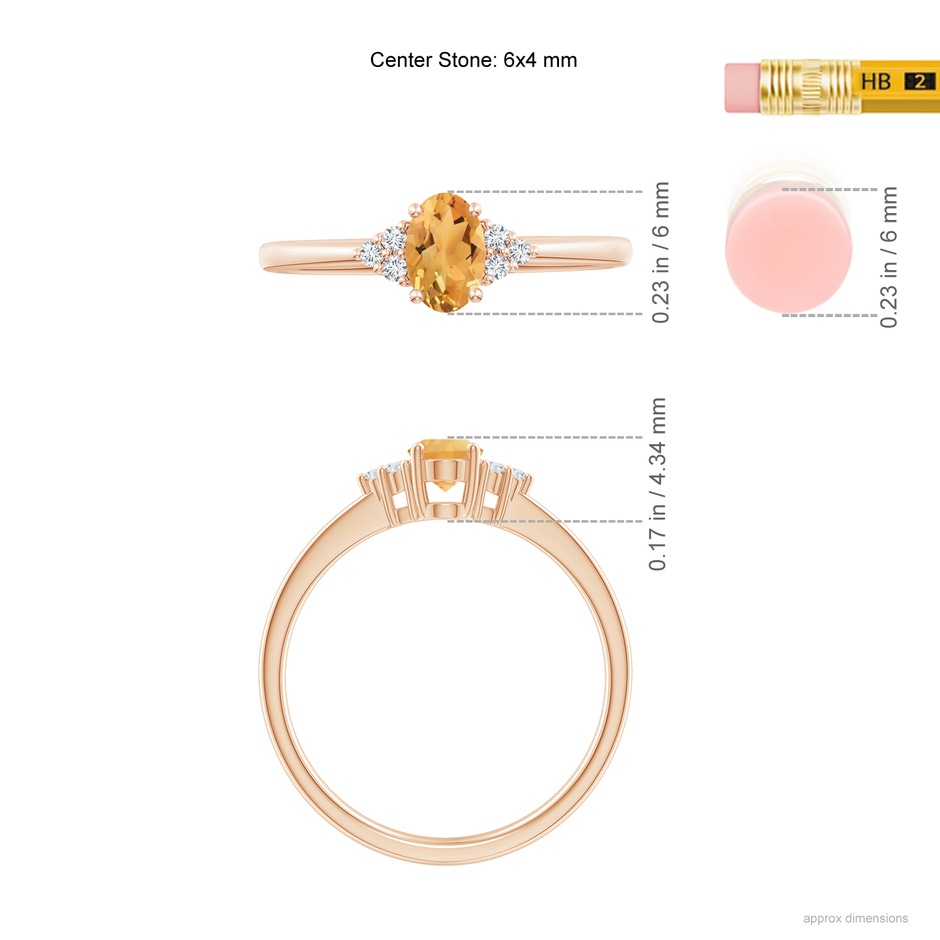 6x4mm A Solitaire Oval Citrine Ring with Trio Diamond Accents in Rose Gold ruler