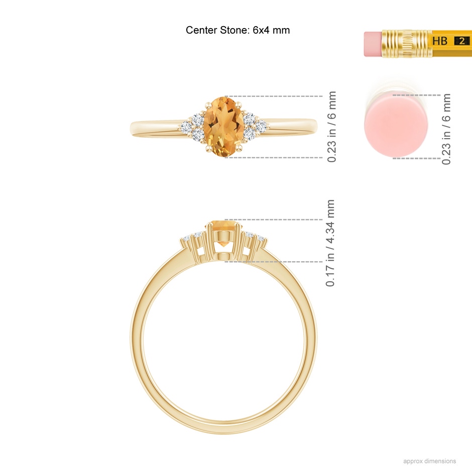 6x4mm A Solitaire Oval Citrine Ring with Trio Diamond Accents in Yellow Gold ruler
