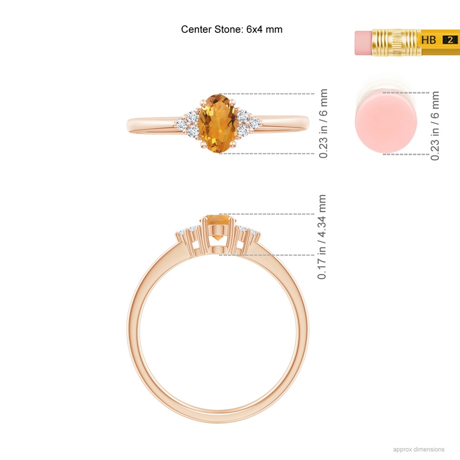 6x4mm AA Solitaire Oval Citrine Ring with Trio Diamond Accents in Rose Gold ruler