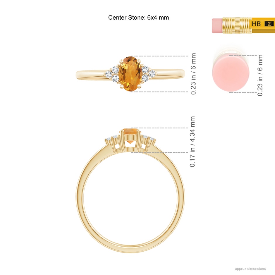 6x4mm AA Solitaire Oval Citrine Ring with Trio Diamond Accents in Yellow Gold ruler