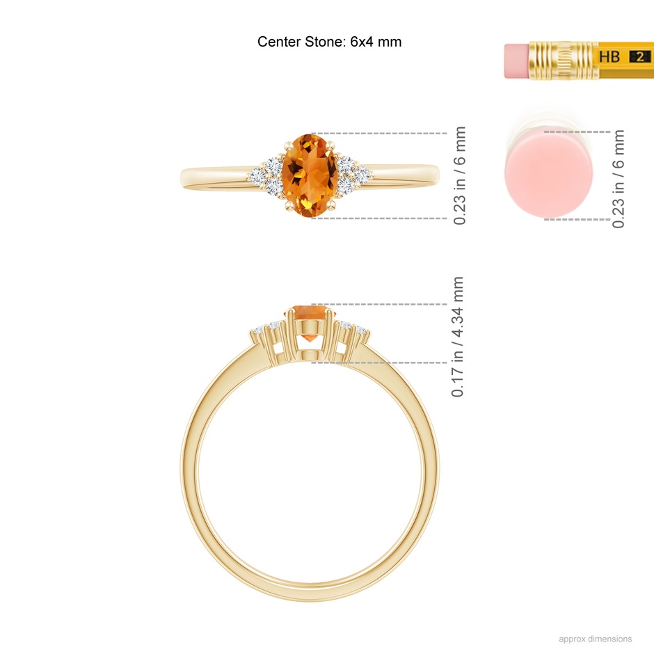 6x4mm AAA Solitaire Oval Citrine Ring with Trio Diamond Accents in Yellow Gold ruler