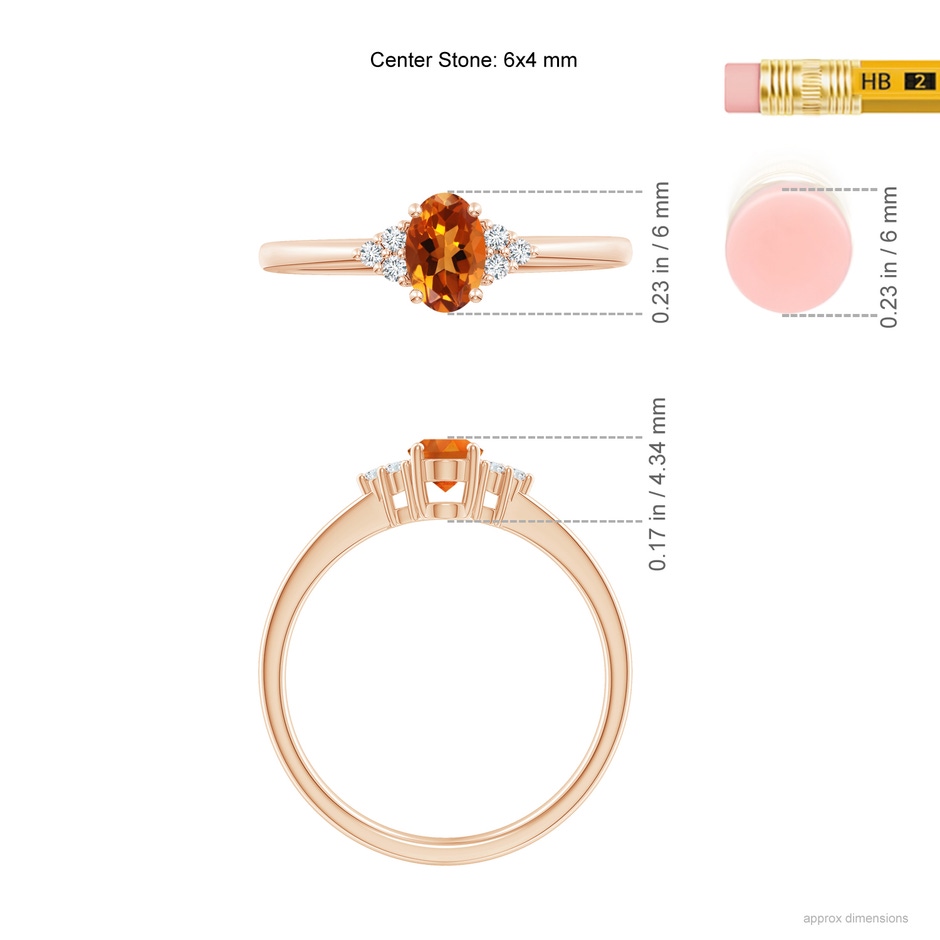 6x4mm AAAA Solitaire Oval Citrine Ring with Trio Diamond Accents in Rose Gold ruler