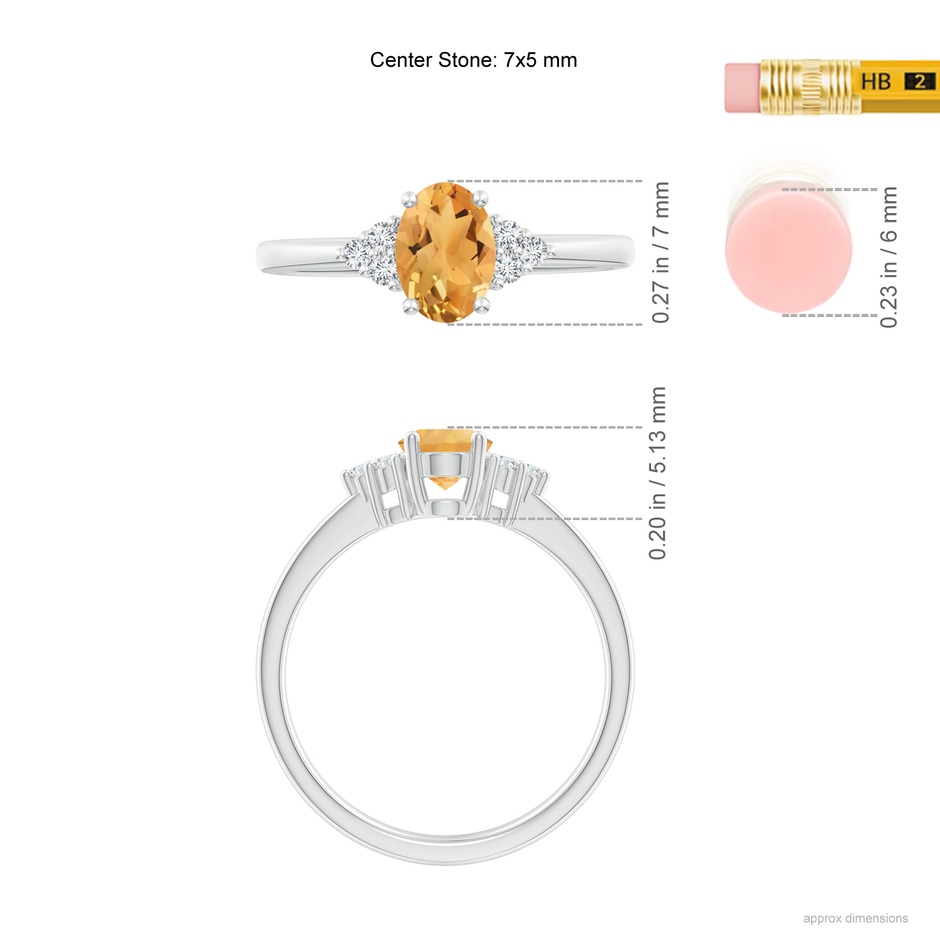 7x5mm A Solitaire Oval Citrine Ring with Trio Diamond Accents in White Gold ruler
