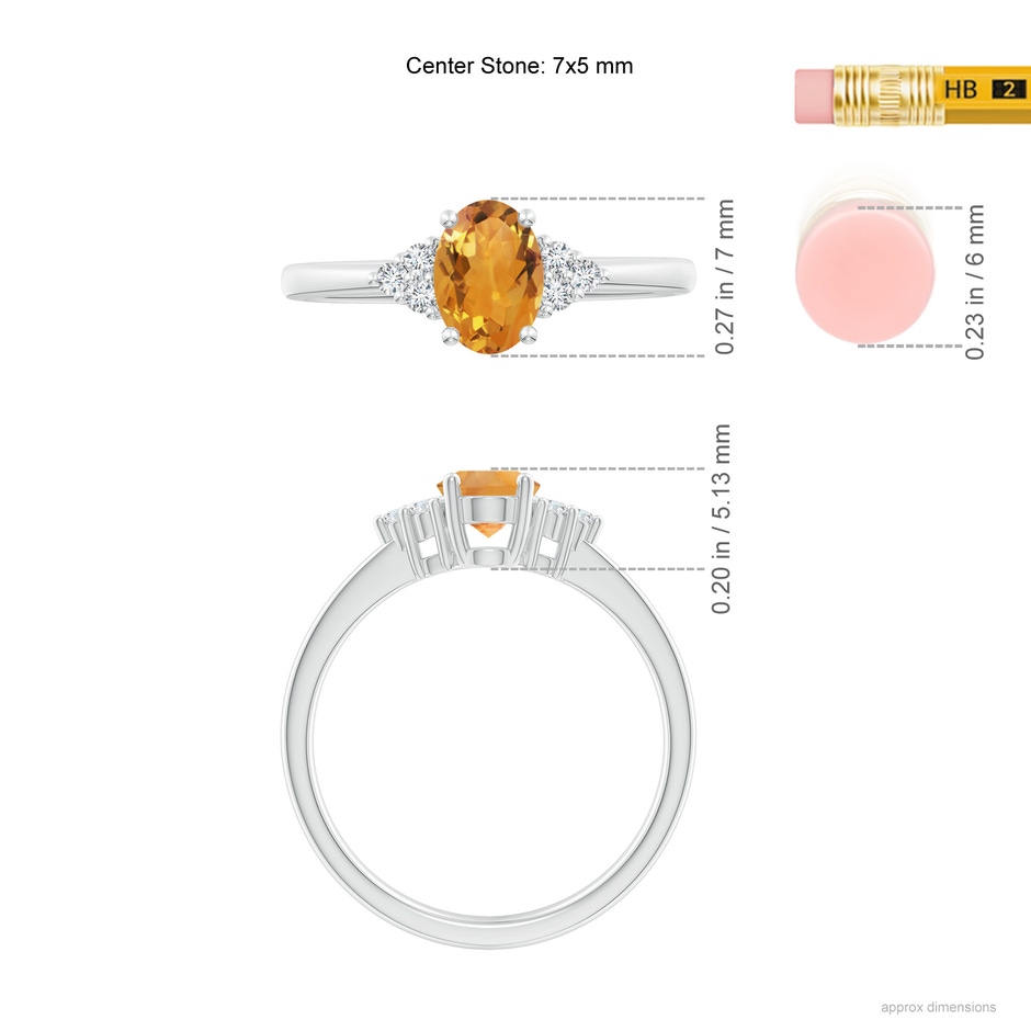 7x5mm AA Solitaire Oval Citrine Ring with Trio Diamond Accents in White Gold ruler