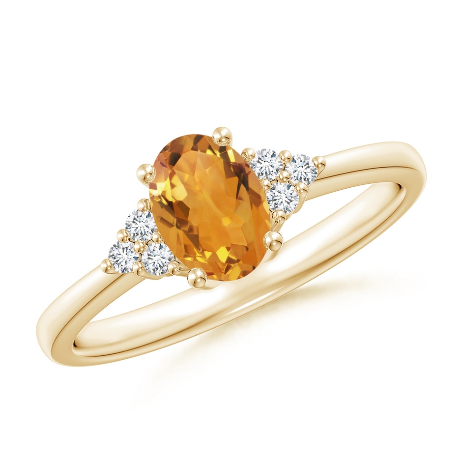 7x5mm AA Solitaire Oval Citrine Ring with Trio Diamond Accents in Yellow Gold 