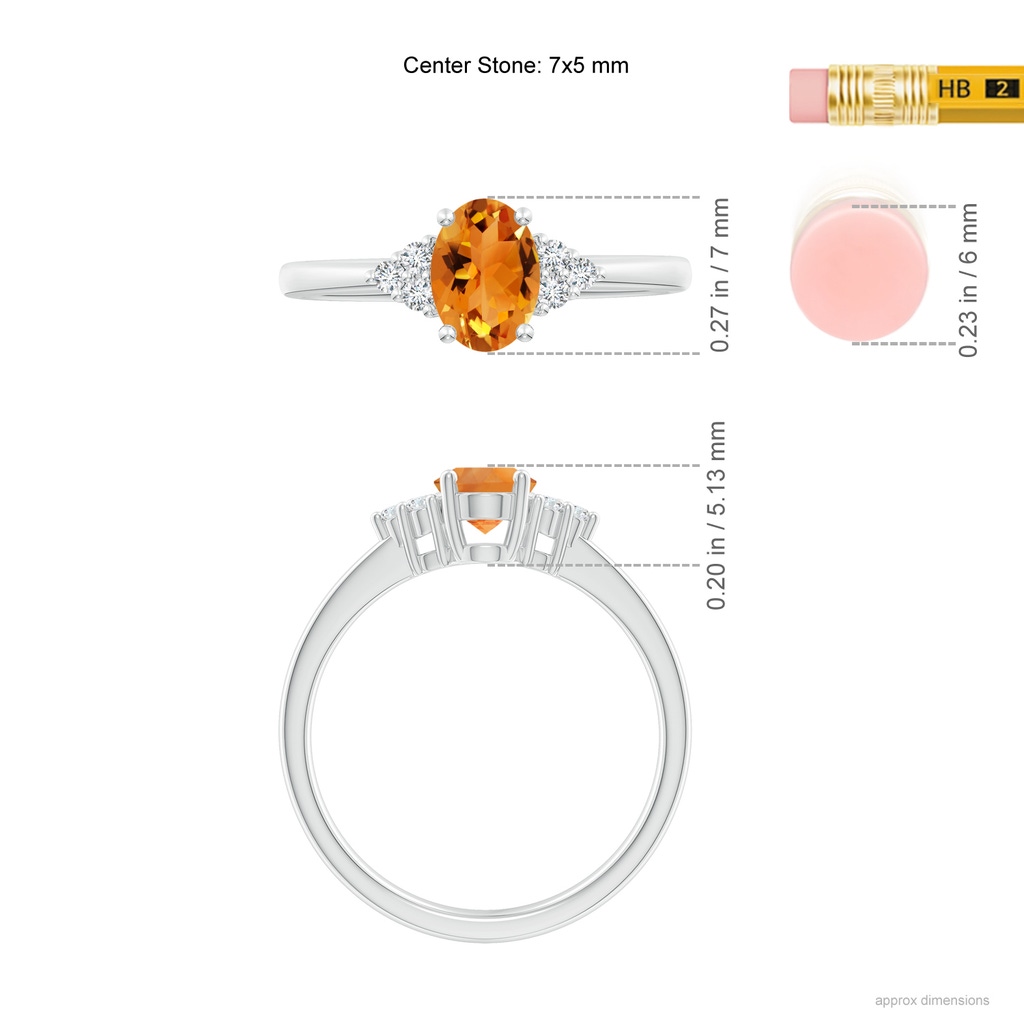 7x5mm AAA Solitaire Oval Citrine Ring with Trio Diamond Accents in White Gold Ruler
