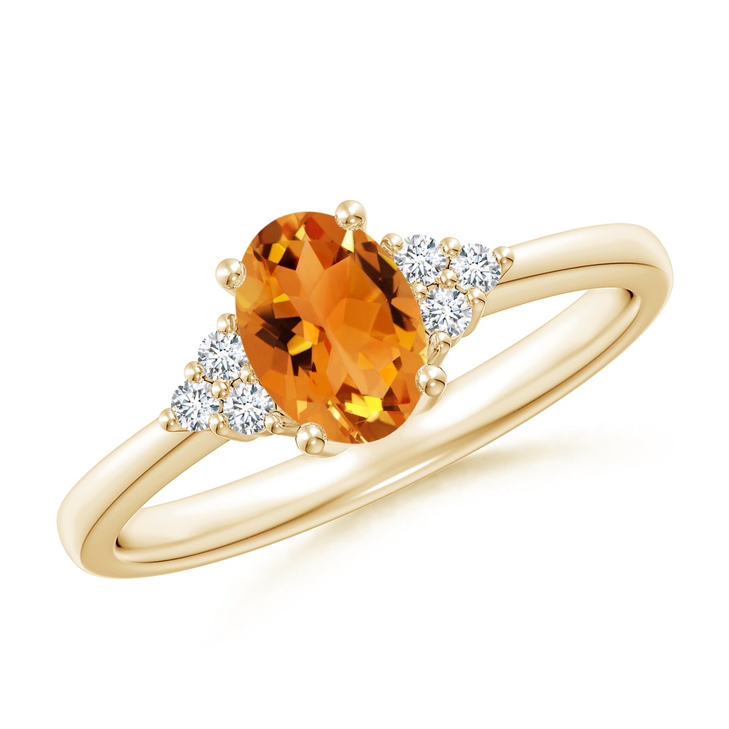 7x5mm AAA Solitaire Oval Citrine Ring with Trio Diamond Accents in Yellow Gold