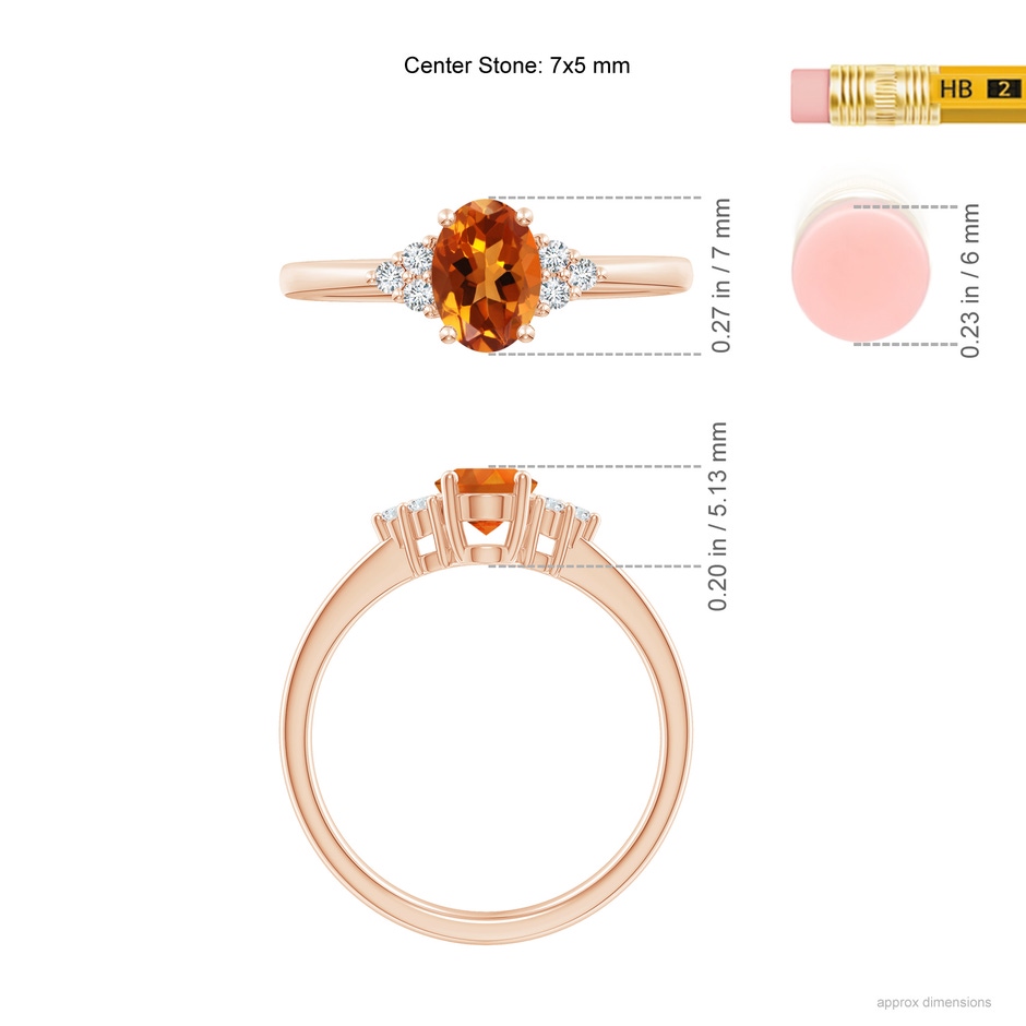 7x5mm AAAA Solitaire Oval Citrine Ring with Trio Diamond Accents in Rose Gold ruler
