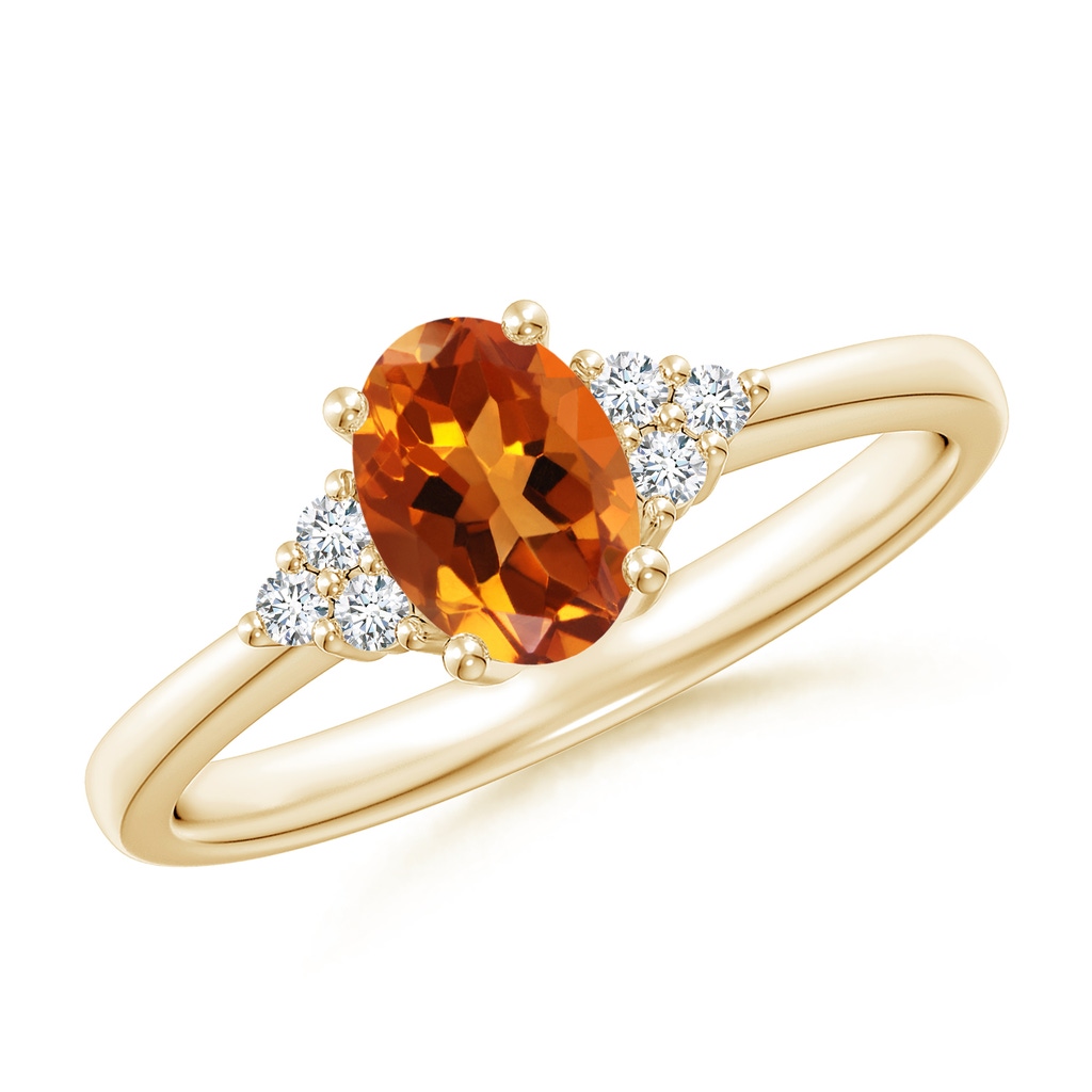 7x5mm AAAA Solitaire Oval Citrine Ring with Trio Diamond Accents in Yellow Gold