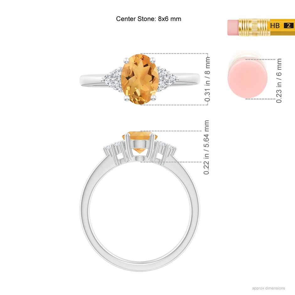 8x6mm A Solitaire Oval Citrine Ring with Trio Diamond Accents in White Gold ruler