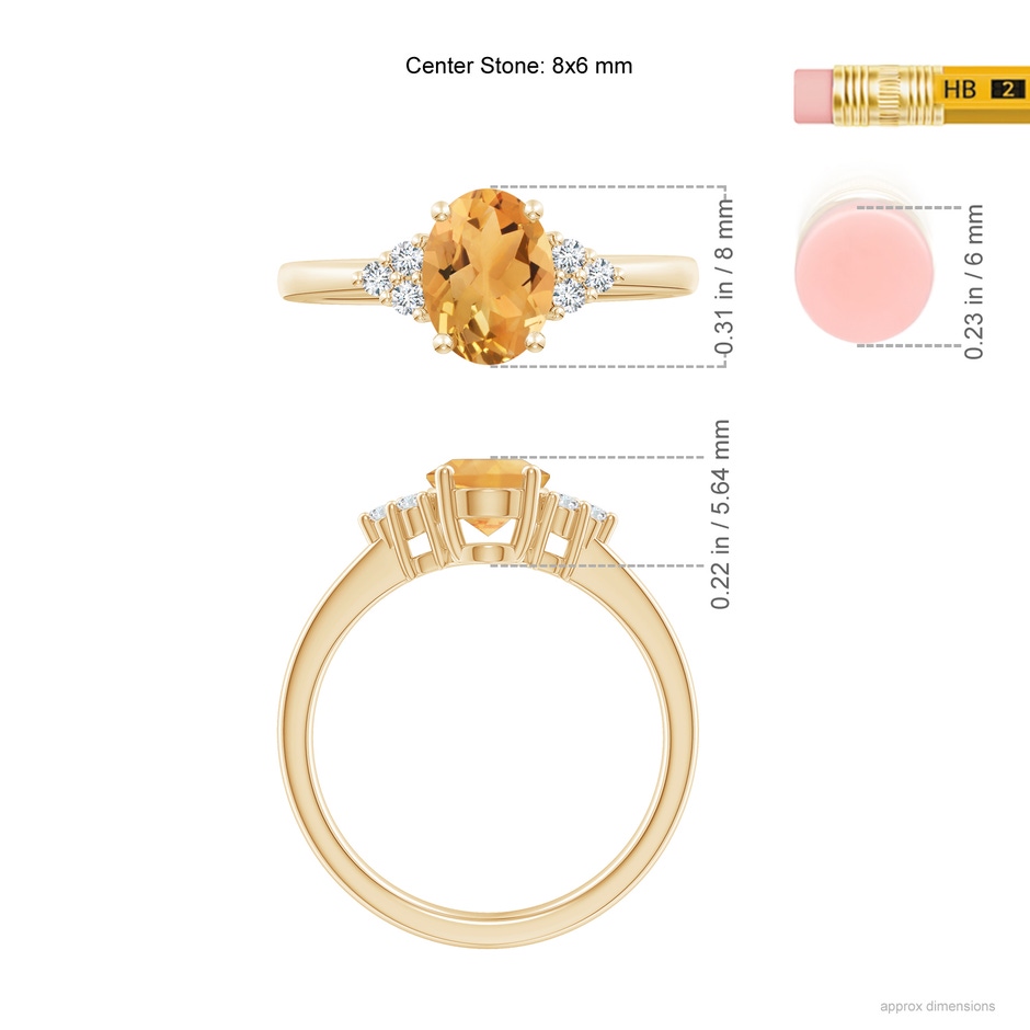 8x6mm A Solitaire Oval Citrine Ring with Trio Diamond Accents in Yellow Gold ruler