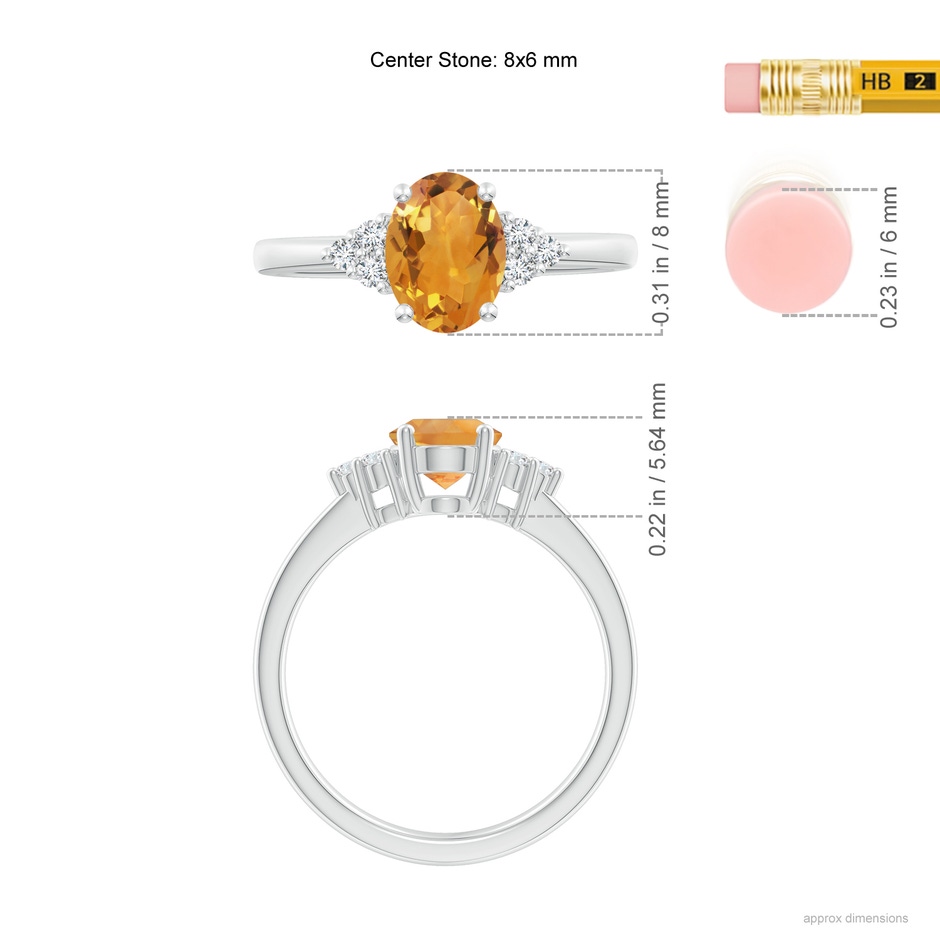 8x6mm AA Solitaire Oval Citrine Ring with Trio Diamond Accents in White Gold ruler