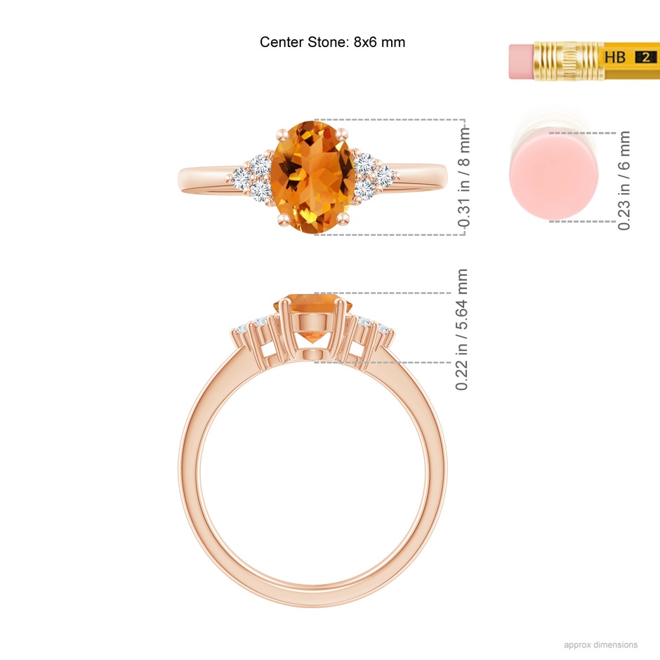 8x6mm AAA Solitaire Oval Citrine Ring with Trio Diamond Accents in Rose Gold ruler
