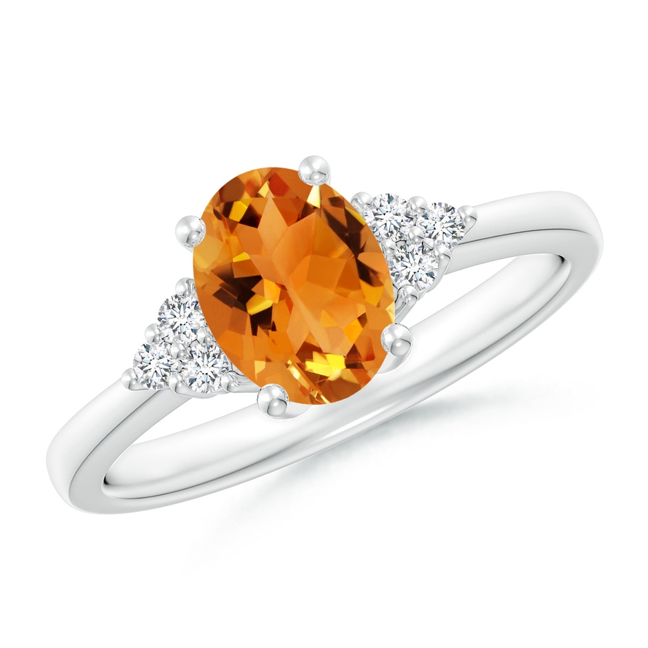 8x6mm AAA Solitaire Oval Citrine Ring with Trio Diamond Accents in White Gold 