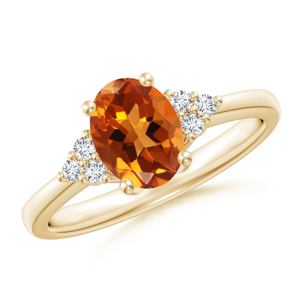 8x6mm AAAA Solitaire Oval Citrine Ring with Trio Diamond Accents in Yellow Gold 