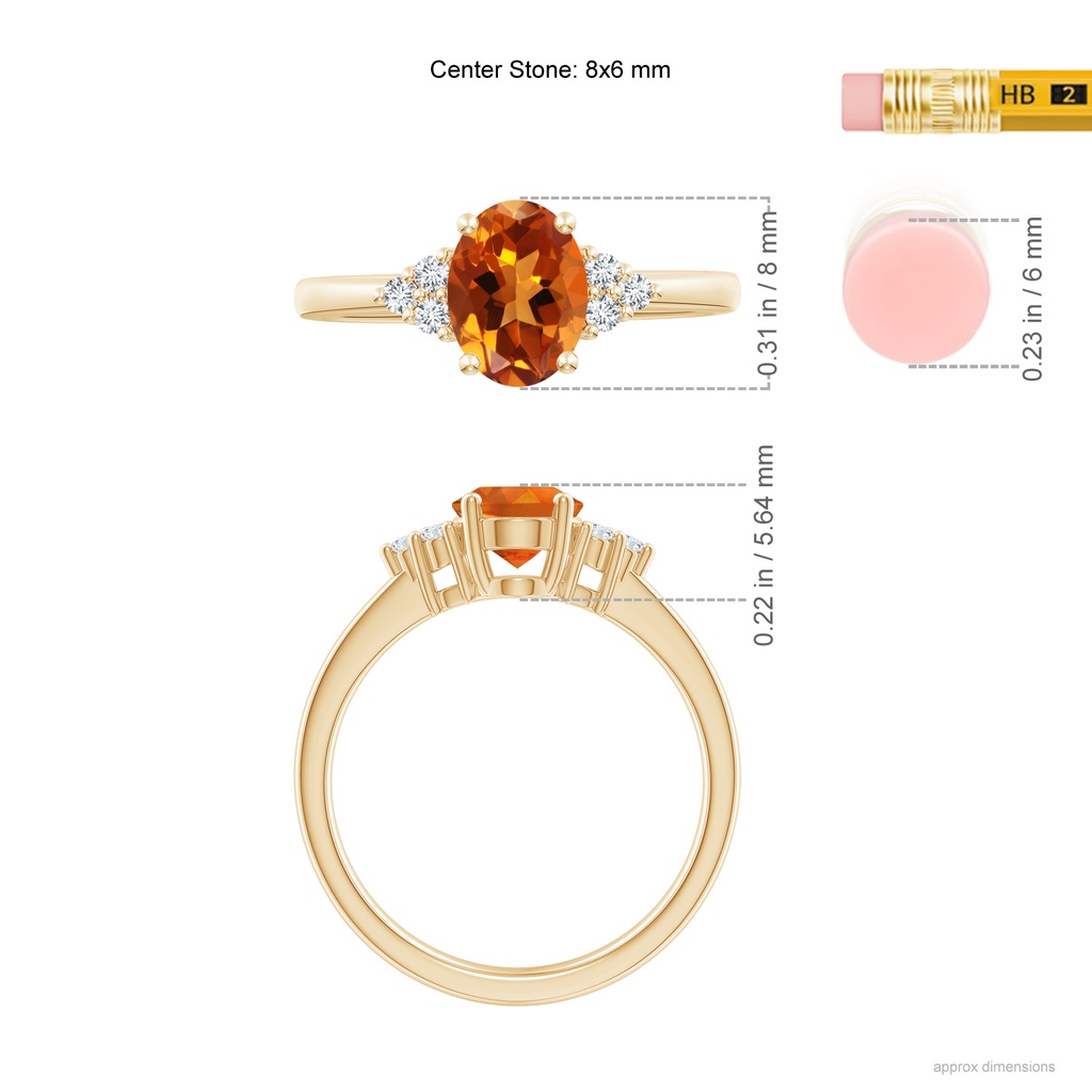 8x6mm AAAA Solitaire Oval Citrine Ring with Trio Diamond Accents in Yellow Gold Ruler