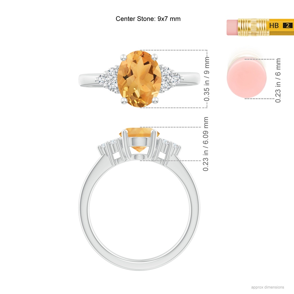 9x7mm A Solitaire Oval Citrine Ring with Trio Diamond Accents in White Gold ruler