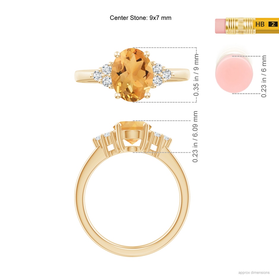 9x7mm A Solitaire Oval Citrine Ring with Trio Diamond Accents in Yellow Gold ruler