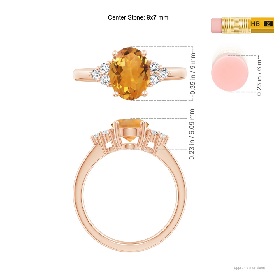 9x7mm AA Solitaire Oval Citrine Ring with Trio Diamond Accents in Rose Gold ruler